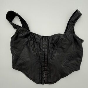 Black Faux Leather Corset Small Strap Bustier Hook Eye Front Edgy Goth Grunge